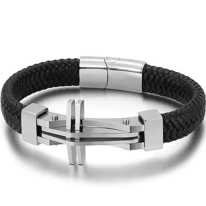 Bracelet Tressé en Cuir group pour Homme, Manchette Ronde en Acier Inoxydable, avec Fermeture Magnét