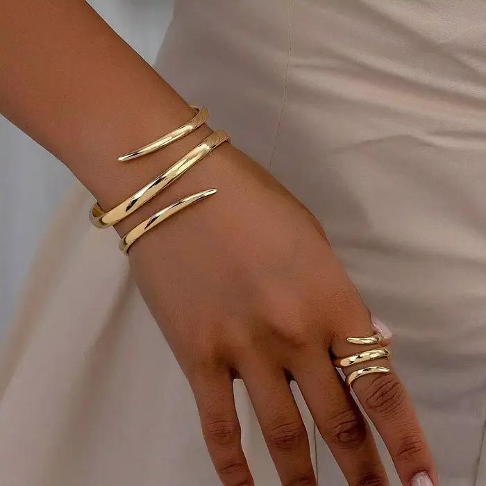 Ensemble de bijoux pour femmes, Bracelet épais européen et américain, couleur or, ligne géométrique,