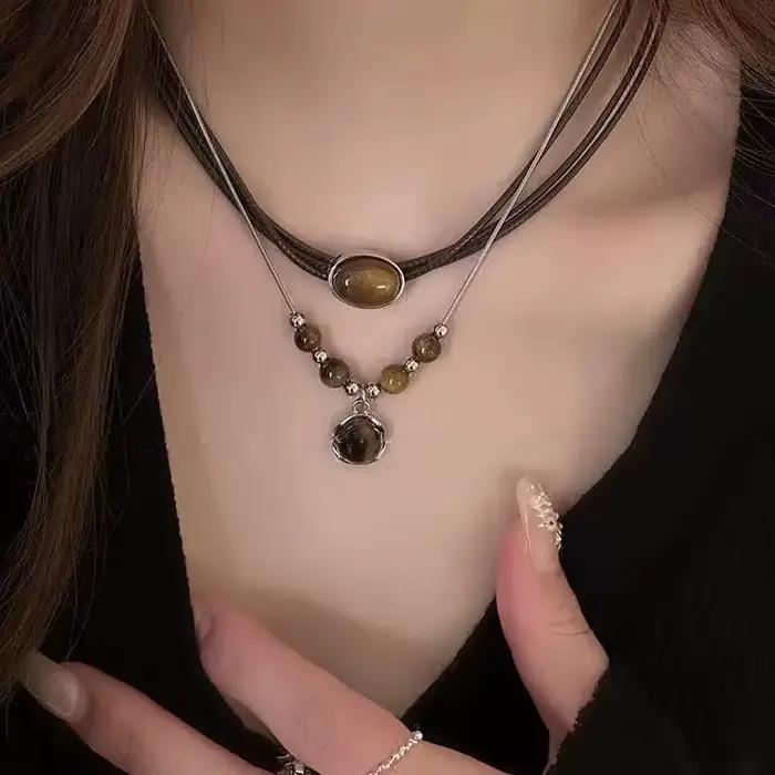 Colliers en pierre naturelle d'oeil de tigre pour hommes et femmes, perles naturelles tissées, doubl