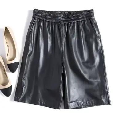 Capable-Bermuda en cuir à cinq points pour femme, taille élastique, jambes larges, short avec poche,