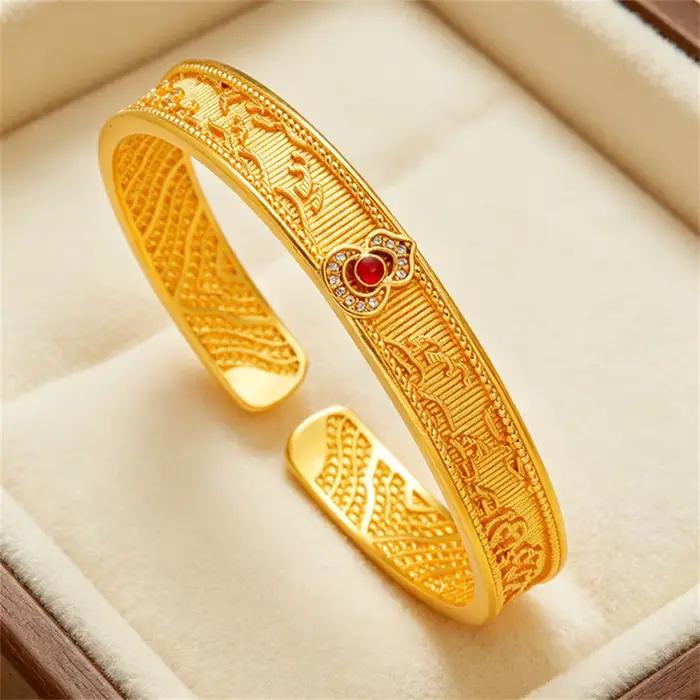 Bracelet manchette ouvert en or massif 24K AU999, motif nuage filigrané Ruyi, avec gemme rouge, unis