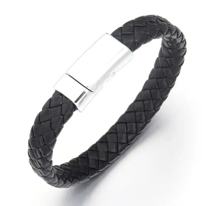 Bracelet en corde de cuir tissé Simple, plat et large, avec boucle magnétique en alliage, à la mode,