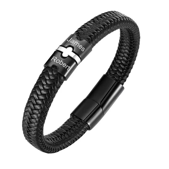 Bracelet en cuir avec noms personnalisés pour hommes, bracelet en cuir microfibre noir avec breloque