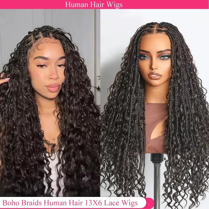 Perruques tressées sans colle en cheveux humains, style bohème, avec dentelle frontale HD 13x6, pré-