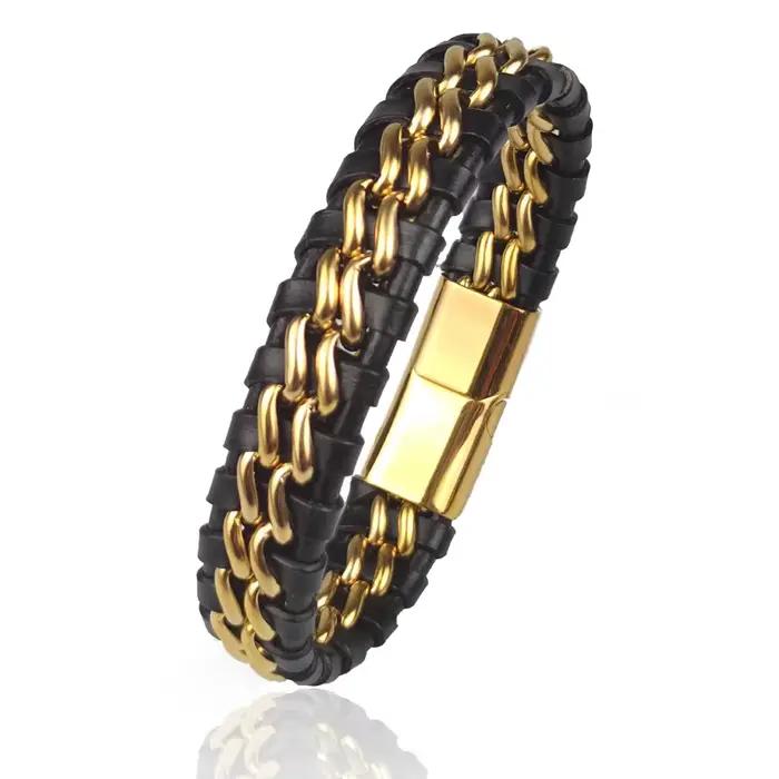Bracelet en cuir véritable pour homme avec fermoir magnétique en acier inoxydable plaqué or – Bijou 