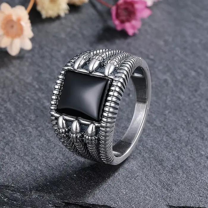 Bague en argent naturel 8x10mm, griffe carrée, grande pierre d'agate noire, bague Vintage pour femme