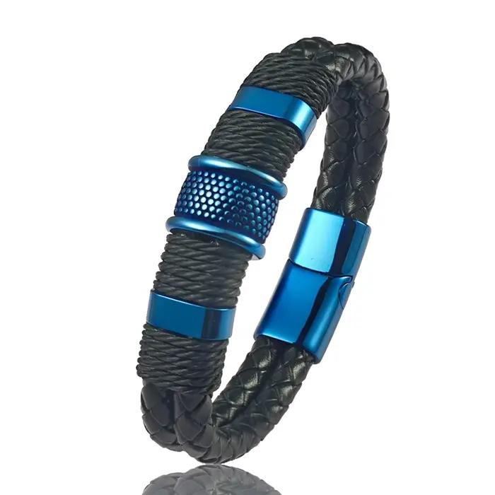 Bracelet pour homme en cuir tressé et acier inoxydable, avec breloque perlée texturée bleue et fermo
