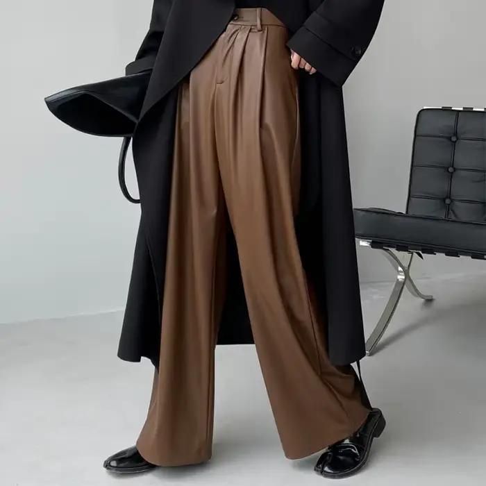 Pantalon en cuir PU pour femmes, nouveau Design, décontracté, taille haute, jambes larges, Baggy, St