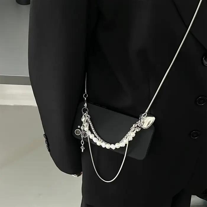 Collier avec lanière à bandoulière coréenne, sangle d'épaule argentée, étui de téléphone noir pour i