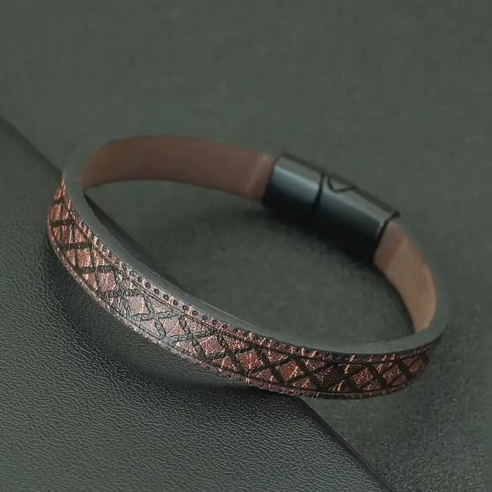 Bracelet en cuir élégant pour hommes, breloque à motif géométrique, fermoir magnétique, Vintage, Sty