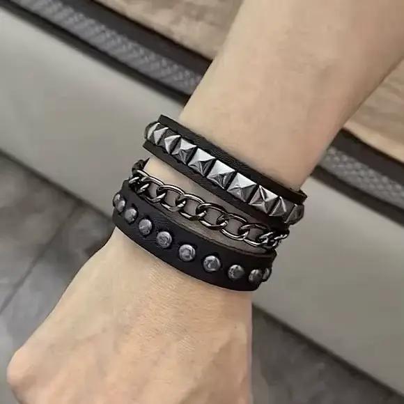 Bracelet Punk Y2k superposé en cuir, Rivets et chaînes en métal, unisexe, esthétique foncée, bijoux 