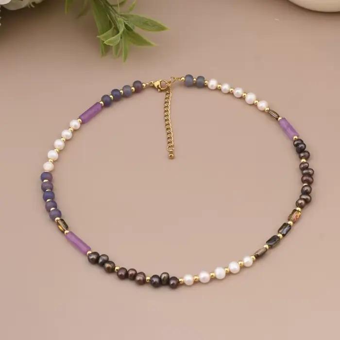 Nouveau Collier Ras-du-Cou en Perles de Pierre Naturelle, Style Rétro Simple et Élégant, Chaîne de P