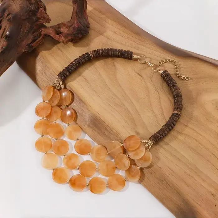 Collier Géométrique Tendance à Perles, Collier Multicouche en Bois et Acrylique pour Femme, Collier 