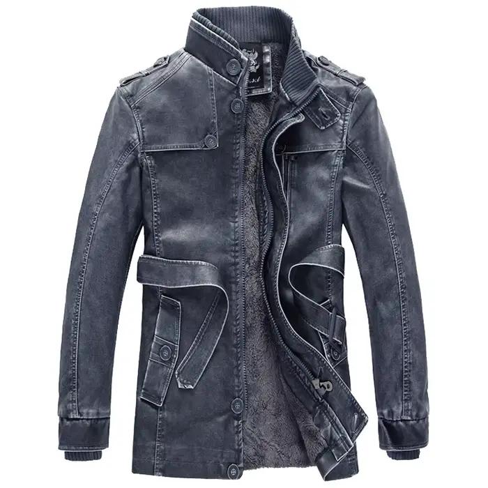 Veste longue en cuir pour hommes, nouvelle veste Vintage décontractée, manteau de motard épais d'hiv