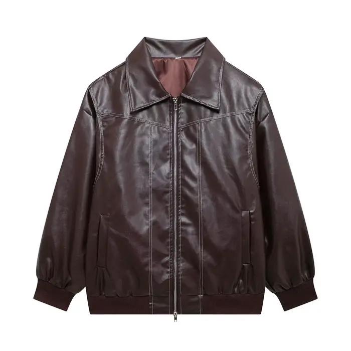 Vestes en cuir pour femmes mode couleur unie revers fermeture à glissière veste Vintage tempérament 