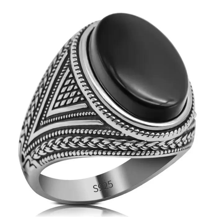 Vente en gros de bagues en argent sterling 925 véritable pour hommes, pierre d'agate noire naturelle