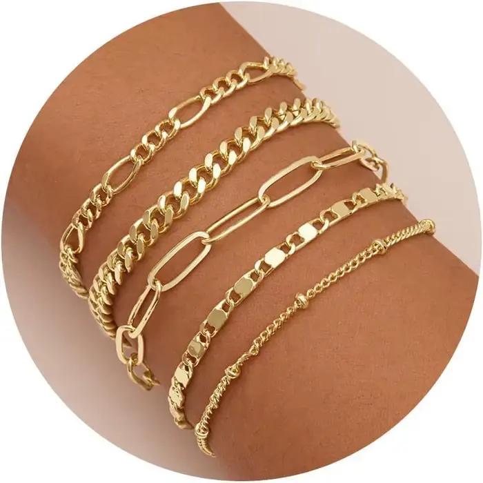Ensemble de bracelets en or pour femmes, plaqué or 14 carats, chaîne à maillons en or délicat, Brace