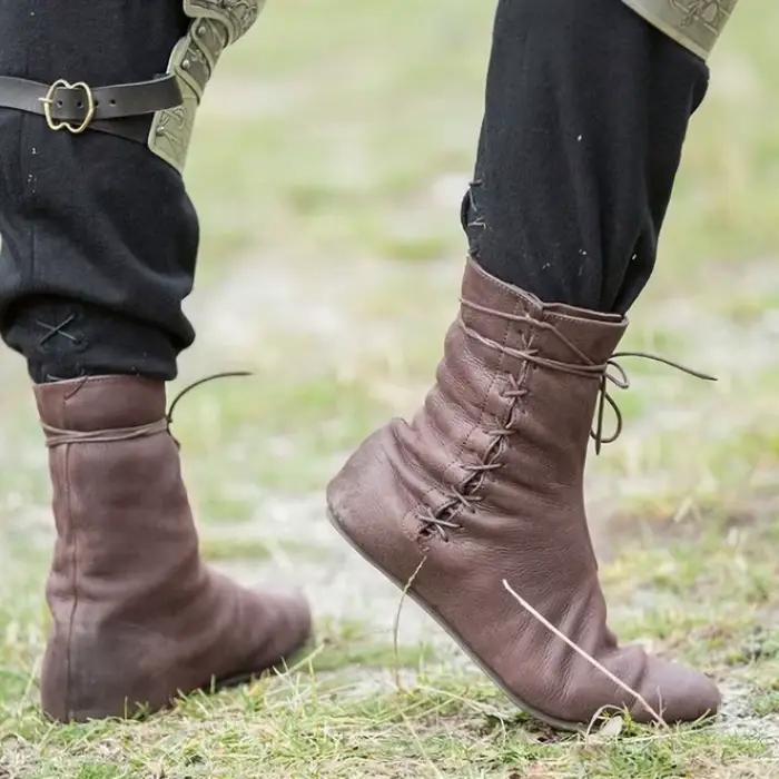 Costumes de Cosplay de carnaval médiéval pour hommes et femmes, bottes en cuir de Pirate d'halloween à lacets, accessoires de scène rétro