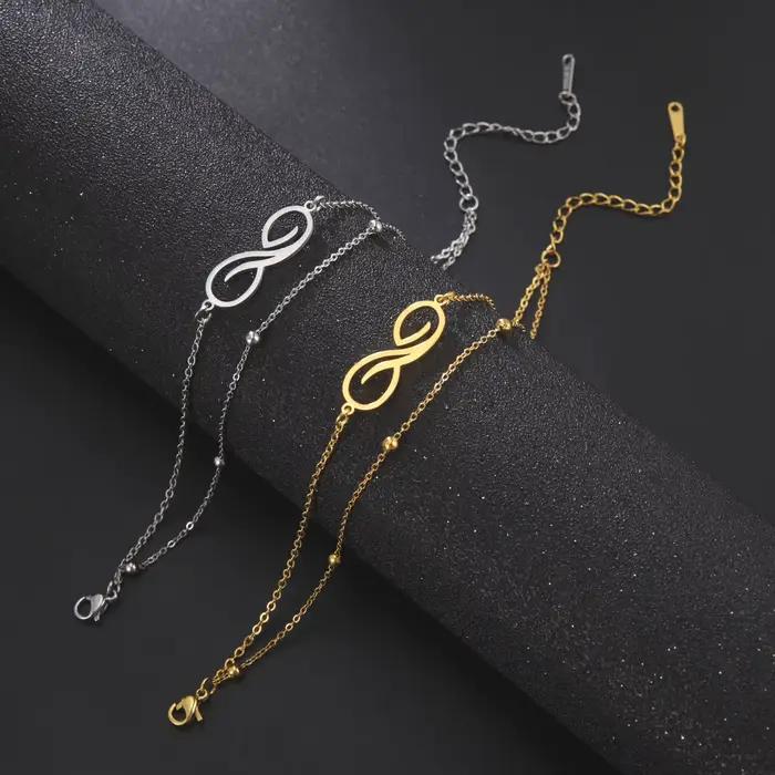 Skyrim – Bracelet symbole infini en acier inoxydable pour femmes, symbole géométrique minimaliste, chaîne de perles Double couche, bijoux cadeau pour Couple