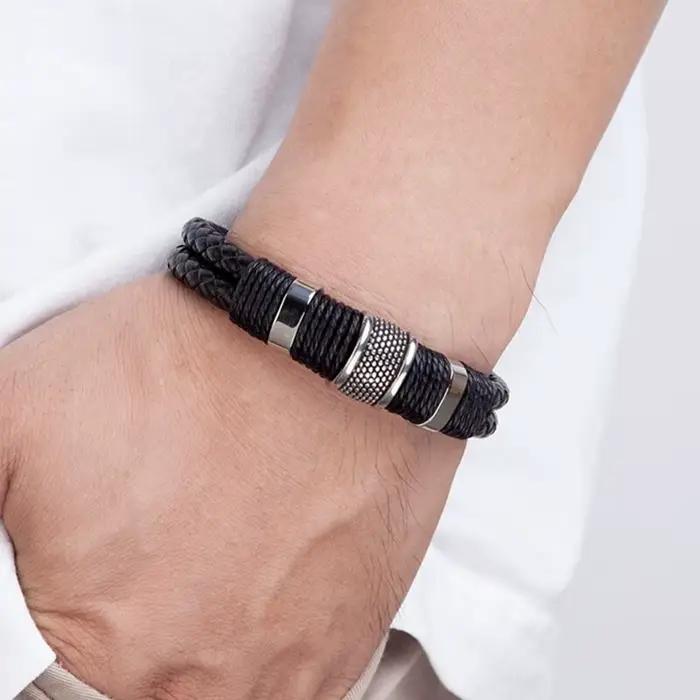 Bracelets en cuir tressé vintage pour hommes, bracelets classiques en acier inoxydable, bracelets punk, bijoux pour poignet, cadeaux pour hommes K-