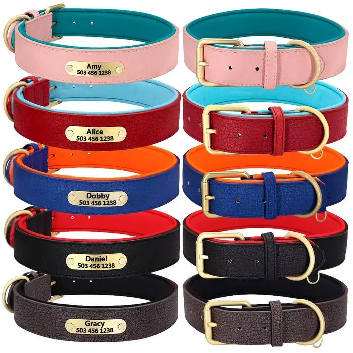 Collier de chien gravé personnalisé colliers de chiens rembourrés en cuir avec étiquette de plaque d'identification personnalisée 2 couches pour petits et grands chiens Pitbull