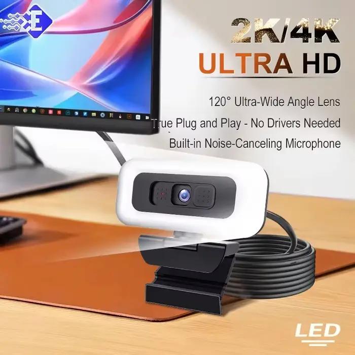 Webcam Lenovo 2K/4K Ultra HD avec autofocus, microphone, lumière et cache de protection de la vie privée pour diffusion en direct flexible