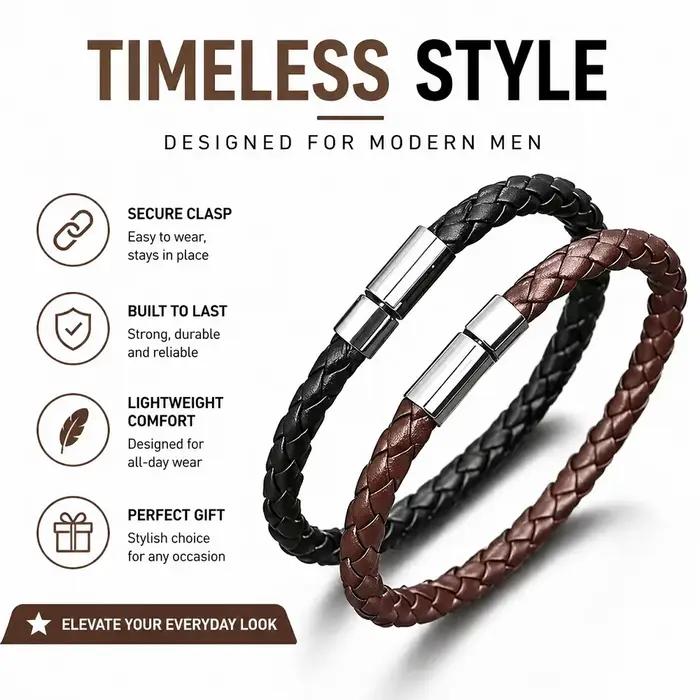 Bracelet en cuir tressé pour homme, fermoir magnétique de haute qualité, bracelet vintage réglable pour un usage quotidien