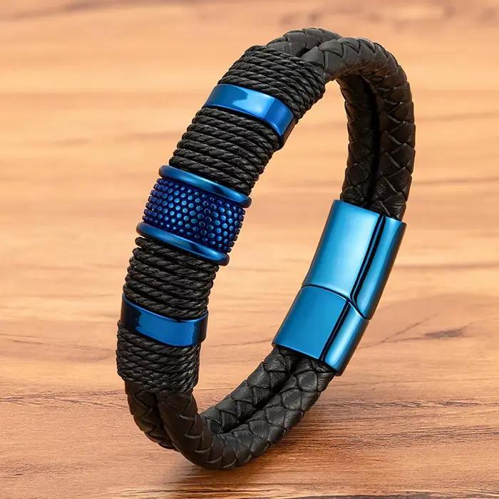 XQNI Double couche tressé corde Wrap Bracelets en cuir pour hommes charme bleu noir classique en acier inoxydable bracelet Couple bijoux