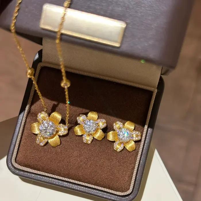 Bijoux rétro de Style français, Design floral, pendentif couleur or, colliers incrustés de Zircon, boucles d'oreilles, ensembles de bijoux pour femmes