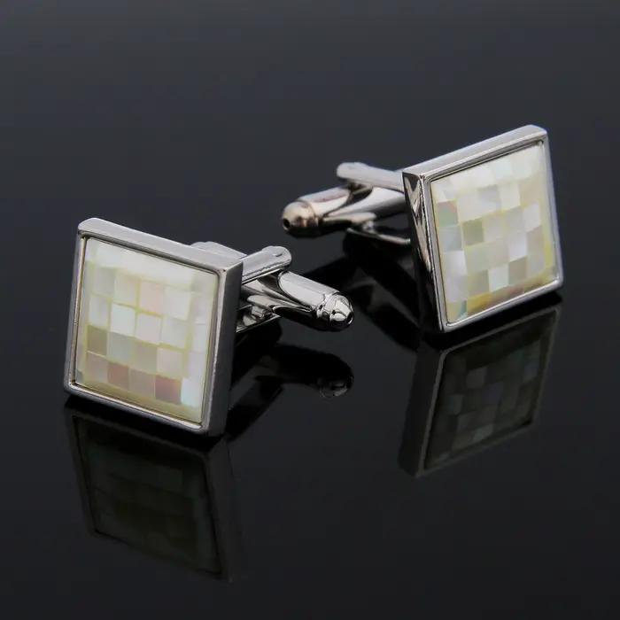 TOMYE Boutons de manchette pour hommes, boutons de manchette carrés de luxe en laiton plaqué argent avec nacre, bijoux pour chemise habillée, cadeaux