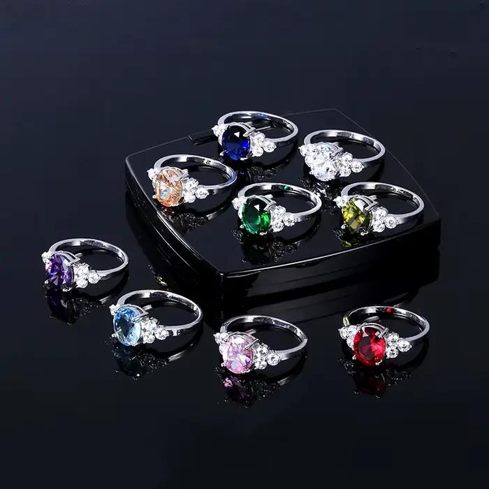 Bijoux pour femmes, bagues plaquées argent, zircon blanc, rose, bleu clair, champagne, ovales, bagues de mariage