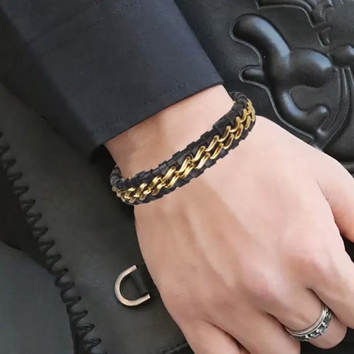 Bracelet en cuir véritable pour homme avec fermoir magnétique en acier inoxydable plaqué or – Bijou exclusif