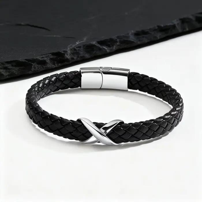 Bracelet en cuir noir Infinity en acier inoxydable pour homme