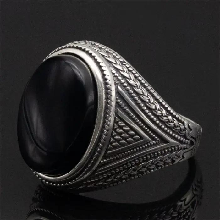 Vente en gros de bagues en argent sterling 925 véritable pour hommes, pierre d'agate noire naturelle, style vintage, faites à la main, bague de mariage