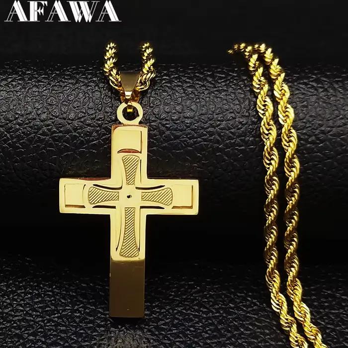 Collier en acier inoxydable avec grande croix de Jésus pour hommes et femmes, document doré, Hip Hop, cadeau masculin, bijoux longs, N1172S02
