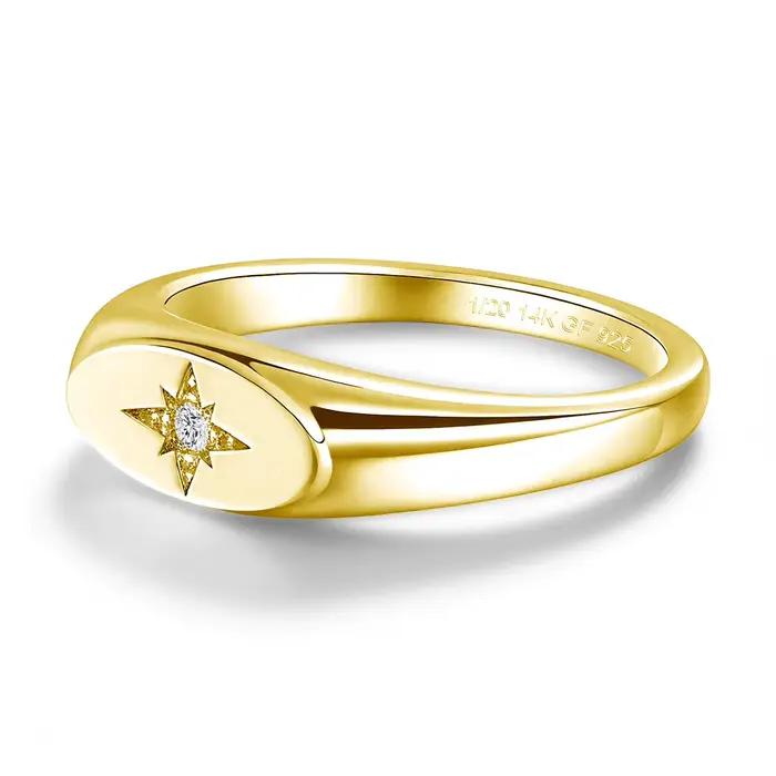 Bagues Chevalière en Or Rempli 14K pour Hommes et Femmes, Bague Moissanite Étoilée Polie Miroir, Étanche, Bijoux Fins, Testée au Diamant
