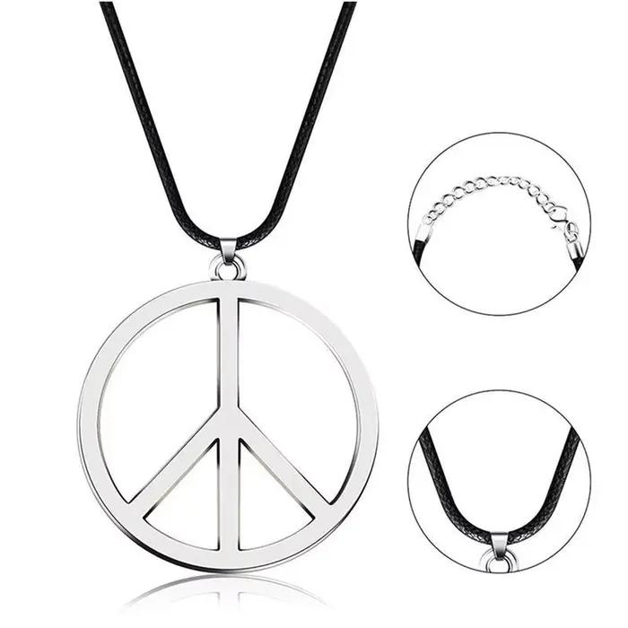 Lot de 1 ou 2 colliers avec pendentif signe de paix d'amour de style hippie des années 1960 et 1970, accessoires de fête hippie avec chaîne en cuir ou en acier