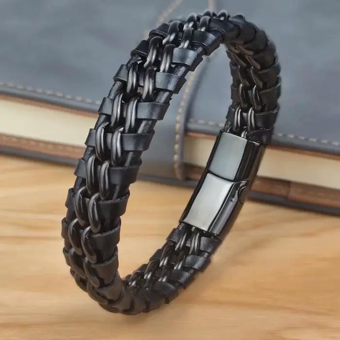 Bracelet en cuir véritable pour homme avec fermoir magnétique en acier inoxydable plaqué or – Bijou exclusif