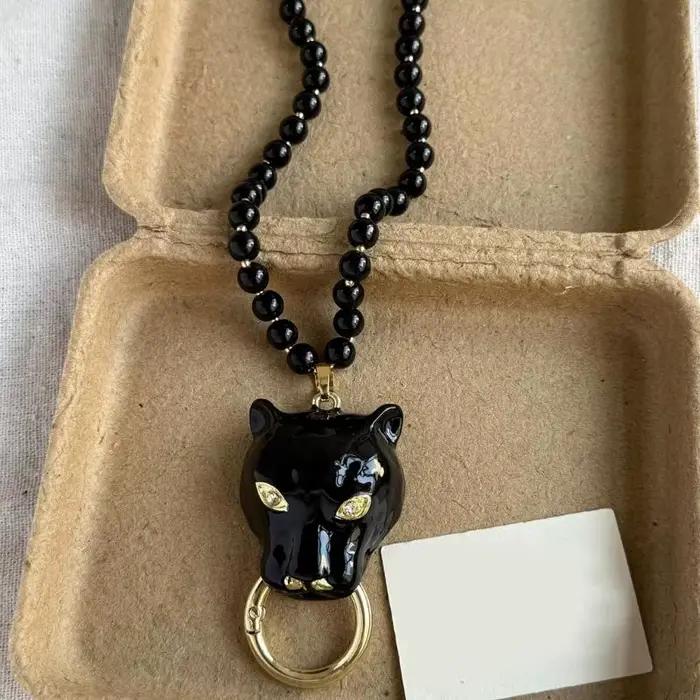 Collier en alliage de perles avec pendentif tête de léopard en émail, bijoux rétro tendance, chaîne de clavicule pour femme