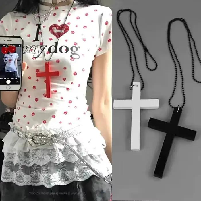 Collier avec pendentif croix en bois gothique Punk pour femmes et hommes, Vintage, noir et blanc, Hip Hop, accessoires épicés pour filles, collier Y2k, nouvelle collection