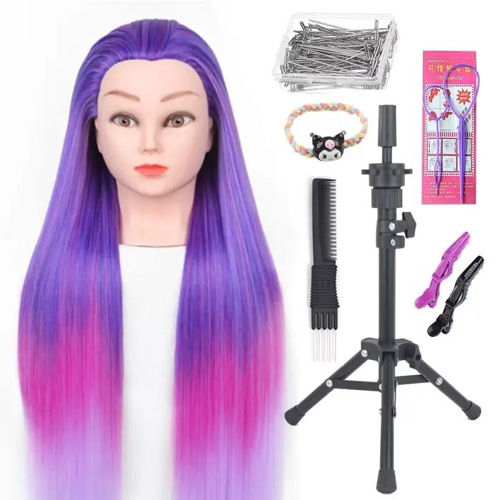 Tête d'entraînement avec cheveux colorés, cheveux synthétiques très longs de 80cm pour tressage, coiffure, tête de poupée, mannequin