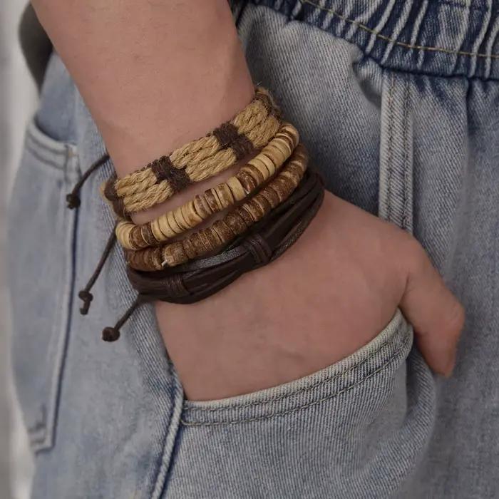 4 pièces/ensemble tressé Wrap Bracelets en cuir pour hommes Vintage arbre de vie gouvernail charme perles de bois ethnique Tribal Bracelet corde Bracelet