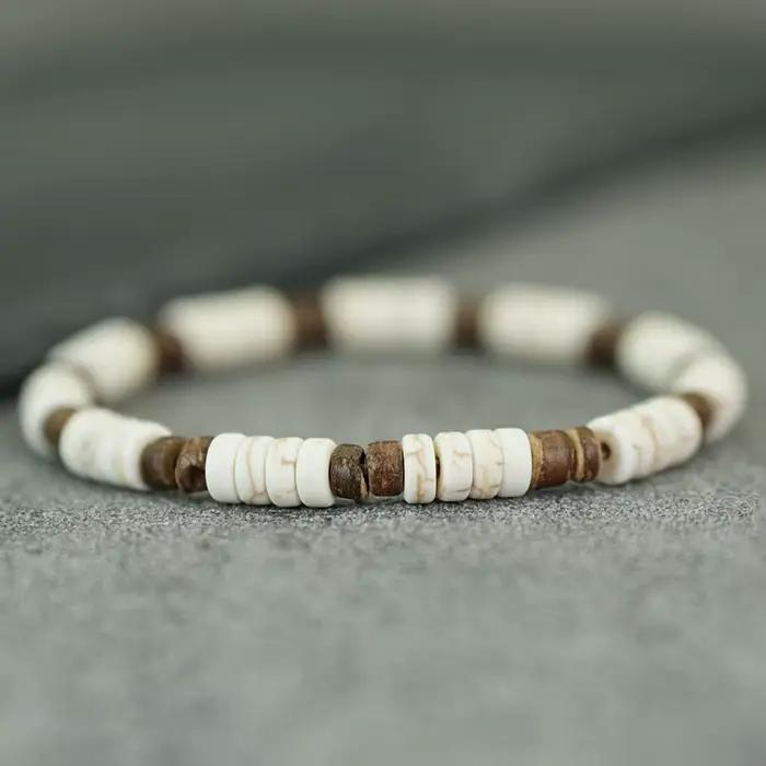 Bracelets vintage en perles turquoise pour hommes, bracelet bohème avec breloque en bois, bijoux