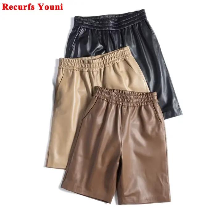 Capable-Bermuda en cuir à cinq points pour femme, taille élastique, jambes larges, short avec poche, à la mode, mn 100%