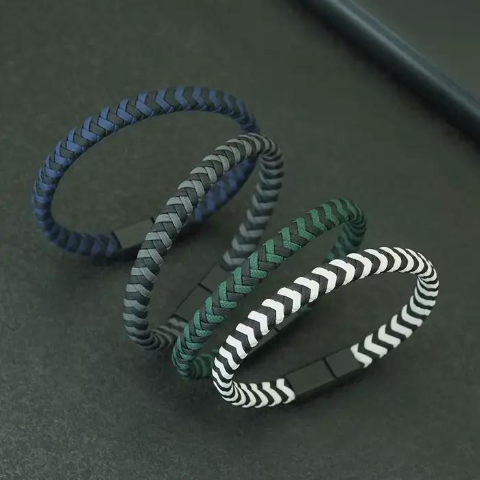 Bracelet à fermoir magnétique en cuir tressé à chevrons pour hommes