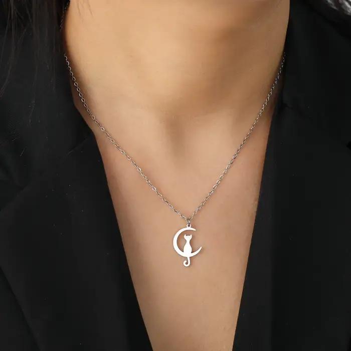 Collier pendentif chat lune croissante Skyrim en acier inoxydable pour femme, chaîne de cou, ras-de-cou, bijoux animaux mignons Kpop, cadeau d'anniversaire