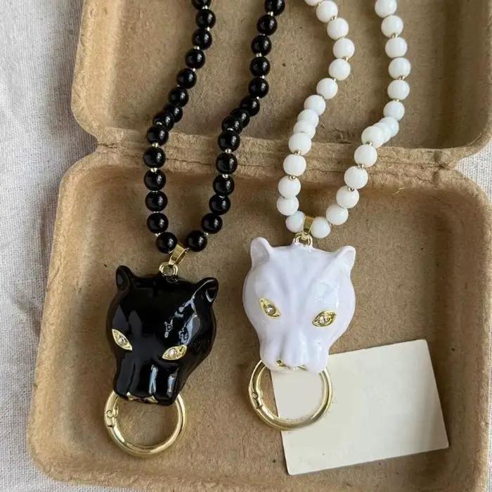 Collier en alliage de perles avec pendentif tête de léopard en émail, bijoux rétro tendance, chaîne de clavicule pour femme