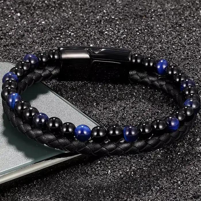 Bracelet tressé en cuir véritable pour hommes