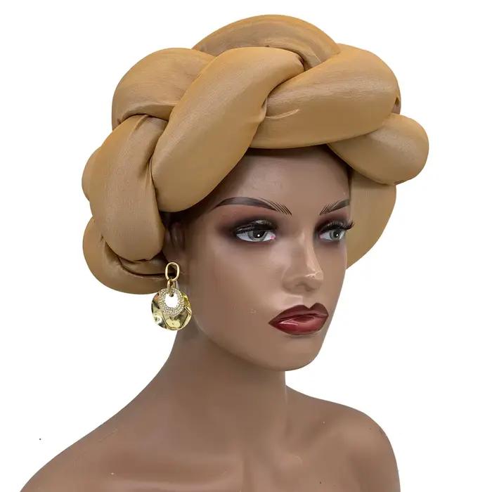 Grande tresse exagérée bandeau africain en soie brute Turban casquette pour les femmes Nigeria fête de mariage casque femme bandeau