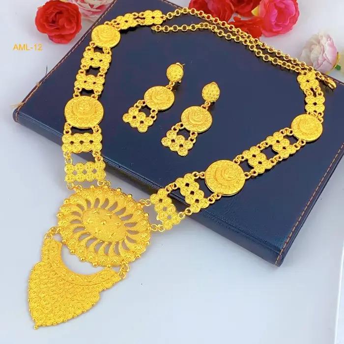 Ensembles de colliers indiens de mariée, pendentif Long plaqué or 24 carats pour femmes, Nigeria, africain, dubaï, ensemble de bijoux de boucles d'oreilles de mariage, cadeau de fête